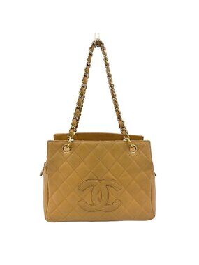 Chanel CC Logo Petite Shopping Tote PST Caviar Leather Beige Chain Gold